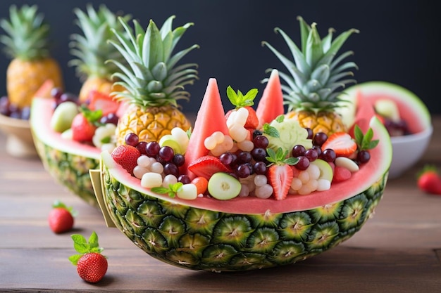 Rafibd2024 Wassermelonen-Fruchtsalat in einer Ananas-Boot-Wassermelonen-Bildfotografie