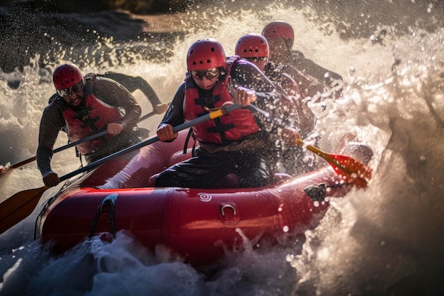 Foto rafting aventura correndo corredeiras exaltantes salpicos determinados remadores balsas vibrantes