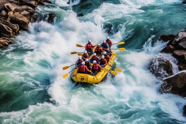 Rafting no rio de águas bravas com o número 7 nele