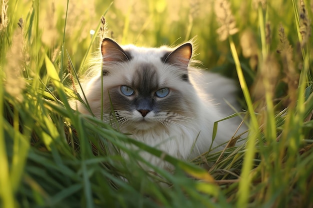 Ragdoll Cat yace en la hermosa hierba IA generativa