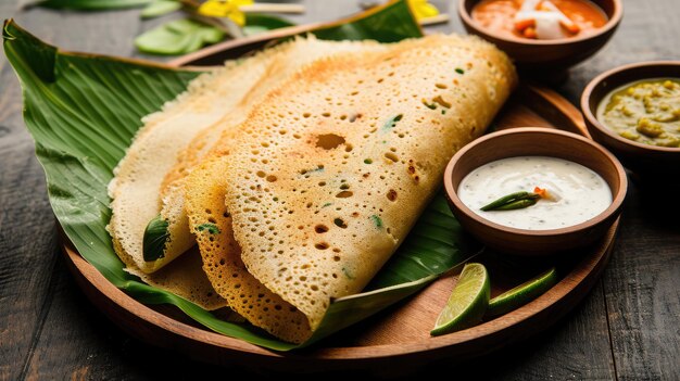 Foto ragi dosa ist ein gesundes südindisches frühstück, das auf einer runden holzbasis angeordnet ist, die mit bananenblättern und kokosnusschutney gesäumt ist.