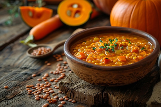 Foto ragout de alho-poró com abóbora e cenoura em uma tigela em uma mesa de madeira