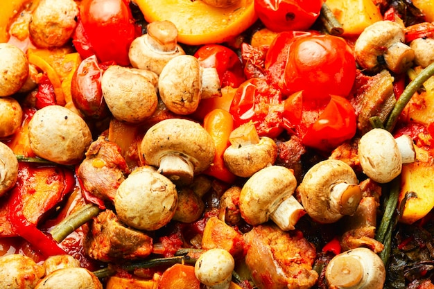 Ragú de carne con setas, calabacín, tomate y patatas. Estofado de carne, fondo de alimentos