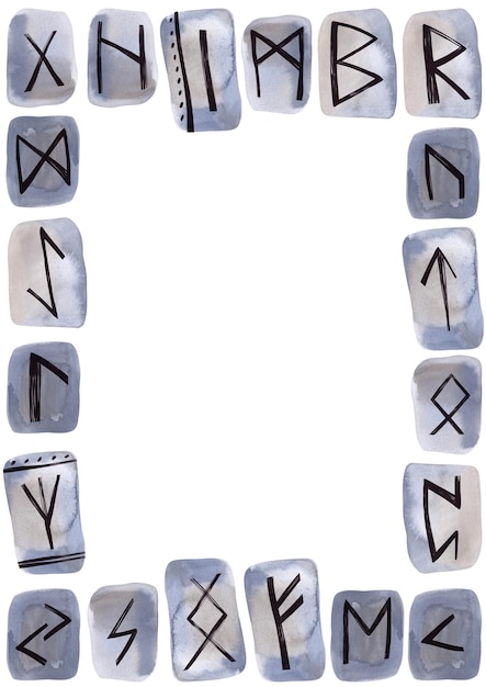 Rahmen A3 aus skandinavischen Runen, die auf Stein geschnitzt wurden Gruppe von Aquarellelementen auf weißem Hintergrund