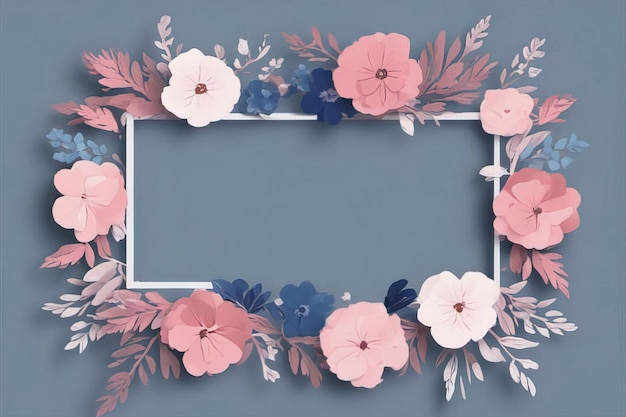 Rahmen aus Blumen und Blättern auf blauem Hintergrund, Aquarell-Illustration