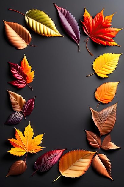 Rahmen aus bunten Herbst-Ahornblättern auf dunklem Hintergrund. Flacher Draufsichtplatz für Text
