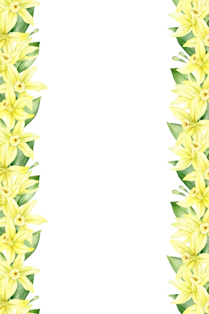 Rahmen aus gelben Vanilleblüten Kranz mit tropischen exotischen Blumen Aquarell-Illustration isoliert