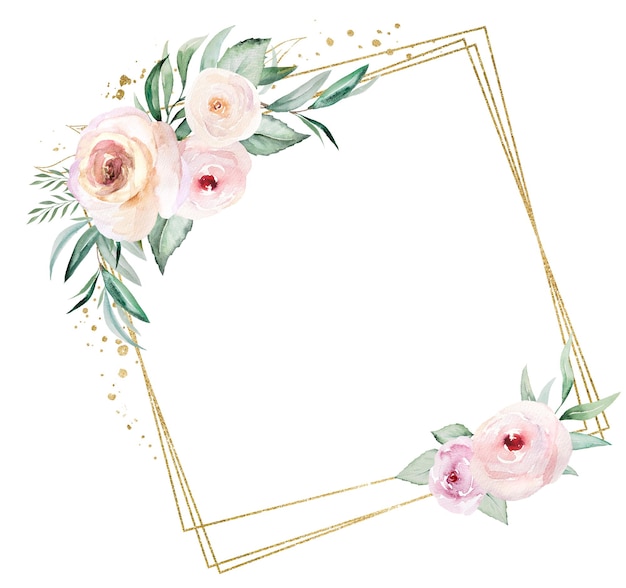 Rahmen aus hellrosa Aquarellblumen und grünen Blättern Hochzeit isolierte Illustration