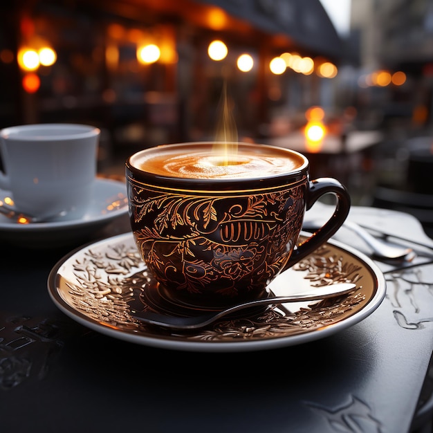 Rahmen aus Kaffeetasse und Bohnen auf einem Holztisch vor dem Hintergrund des Sonnenlichts