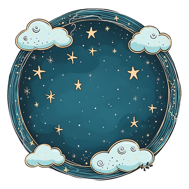 Rahmen aus kreisförmigem Rahmen im Doodle-Stil mit Wolken, Sternen und Halbmondmarkierungen, Clipart-T-Shirt-Design