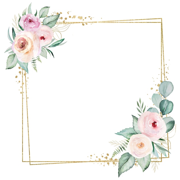 Rahmen aus rosa Aquarellblumen und hellgrünen Blättern Hochzeit und Begrüßungsillustration