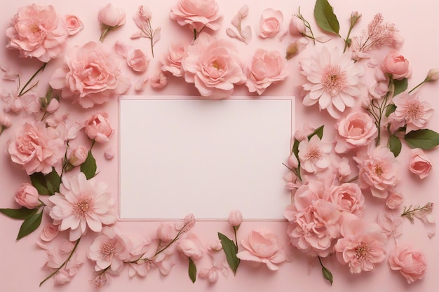 Rahmen aus rosa Blumen auf pastellrosa Hintergrund Grußkartenvorlage für die Hochzeit