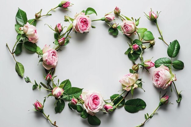 Foto rahmen aus rosa zarten rosenkranz mit grünen blättern auf weißem hintergrund