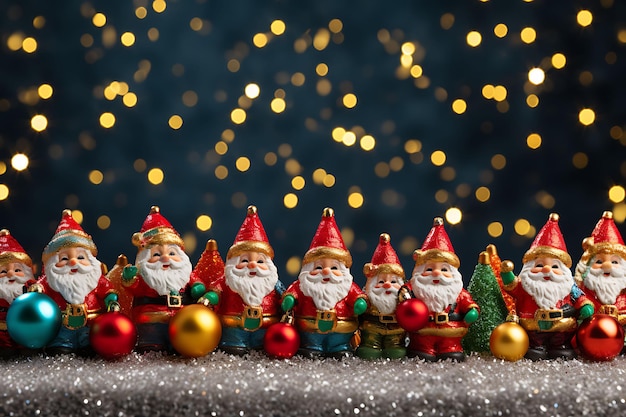 Rahmen aus skurrilen Weihnachtsmann-Figuren, Jingle Bells und Fe-Weihnachtsdekorationen, Konzeptideen