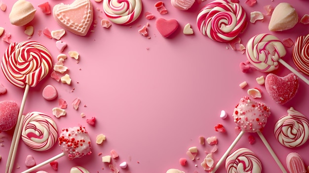 Rahmen aus süßen Süßigkeiten Valentinstag Süßigkeiten Herz auf einem rosa Hintergrund mit Kopierraum