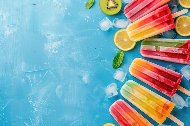 Rahmen aus vielfarbigem Obst-Eis auf einem Stock auf einem blauen Sommer-Hintergrund