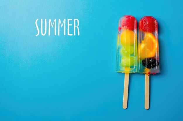 Rahmen aus vielfarbigem Obst-Eis auf einem Stock auf einem blauen Sommer-Hintergrund