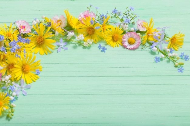 Rahmen der schönen Blumen auf grünem hölzernem Hintergrund