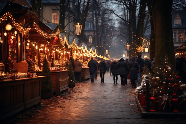 Rahmen eines bezaubernden Weihnachtsmarktes im Freien voller Ideen für Weihnachtsdekorationen