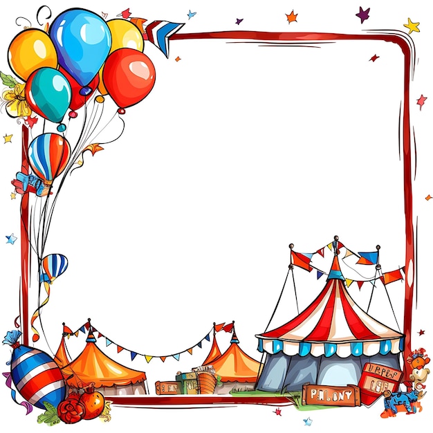Rahmen für Zirkus-Kritzeleien mit Zirkuszelt-Clowns und dekorativen kreativen Kritzeleien