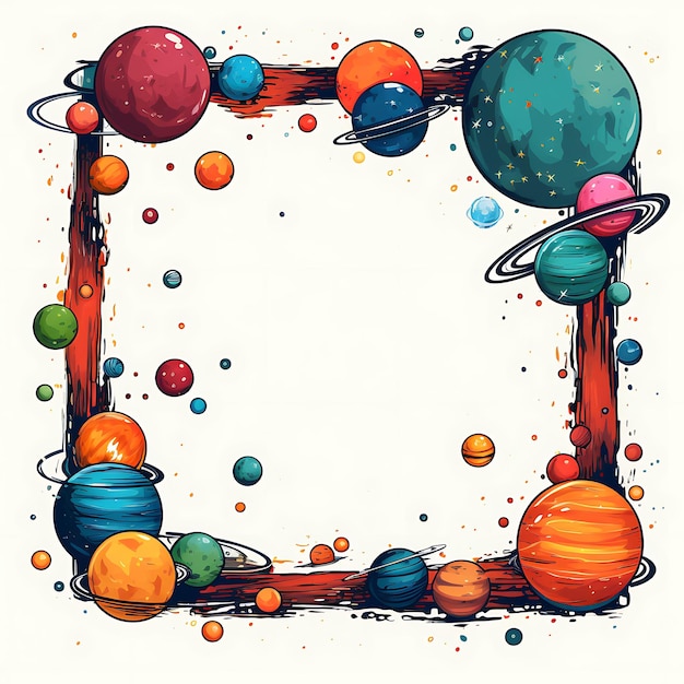Rahmen: Galactic Scribbles, quadratischer Rahmen mit Planeten, Raumschiffen und kreativen Scribbles, dekorativ