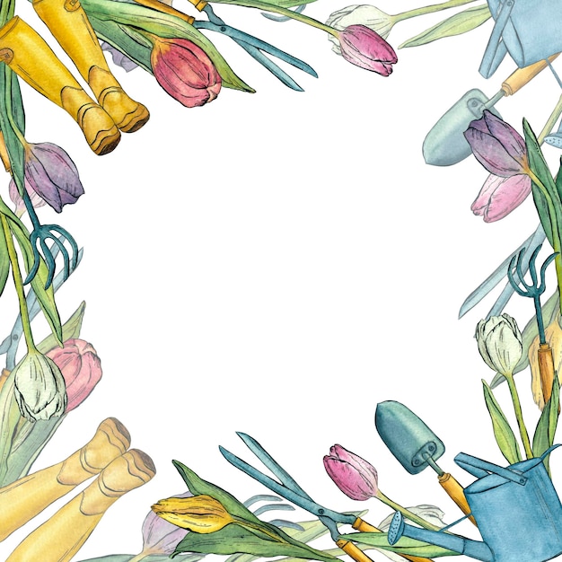 Rahmen gefüllt mit Gartenwerkzeug-Kit, Gießkanne, Gummistiefeln und Tulpen Aquarell-Illustration Frühlingsset