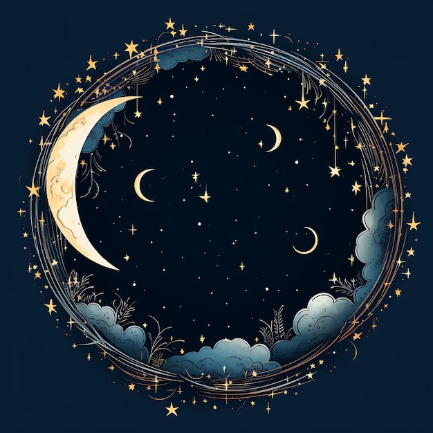 Rahmen, himmlische Kritzeleien, runder Rahmen mit Sternen, Monden und Kontras, kreative Kritzeleien, dekorativ