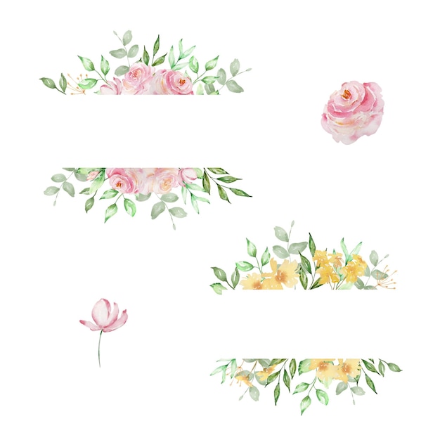 Rahmen mit Aquarell, Blush, rosa Rosen, Blumen und Blättern