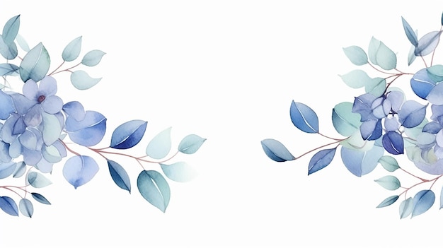 Rahmen mit Aquarell-Eukalyptus-Blättern in echtem Blau auf weißem Hintergrund