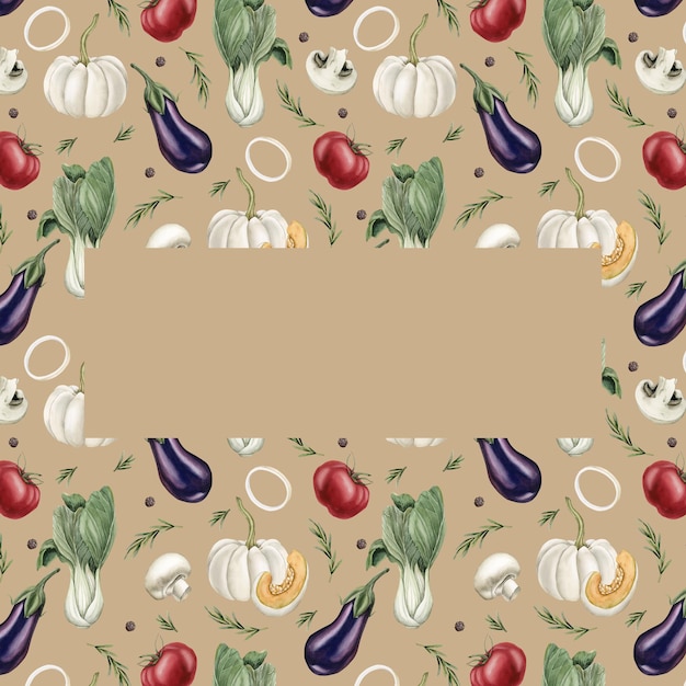 Rahmen mit aquarelliertem, nahtlosem Muster mit Gemüse auf beigem Hintergrund. Design für Grußkarte