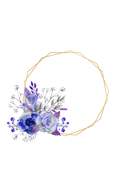 Rahmen mit blauen Rosen, Blättern, Beeren, dekorativen Zweigen