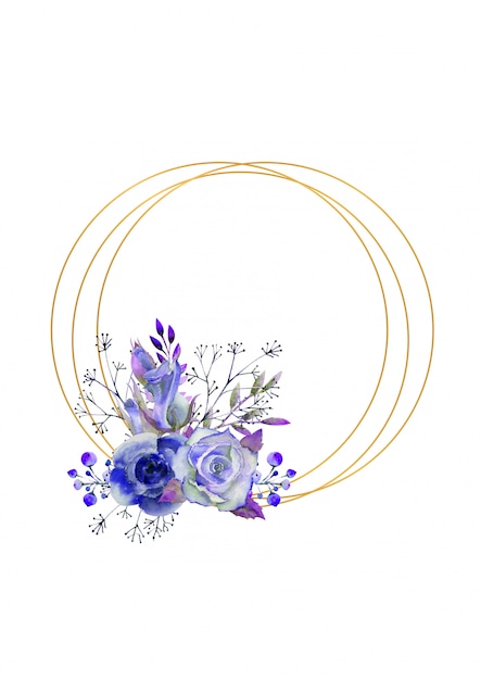 Rahmen mit blauen Rosen, Blättern, Beeren, dekorativen Zweigen