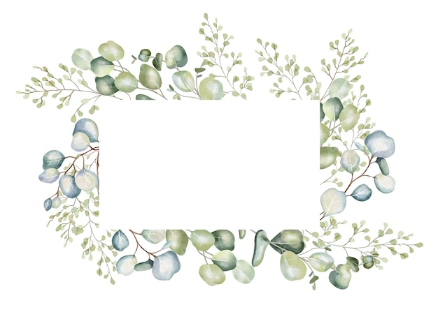 Rahmen mit Eukalyptuszweigen, Aquarell-Illustration für Postkarten, Hochzeits-Einladungen