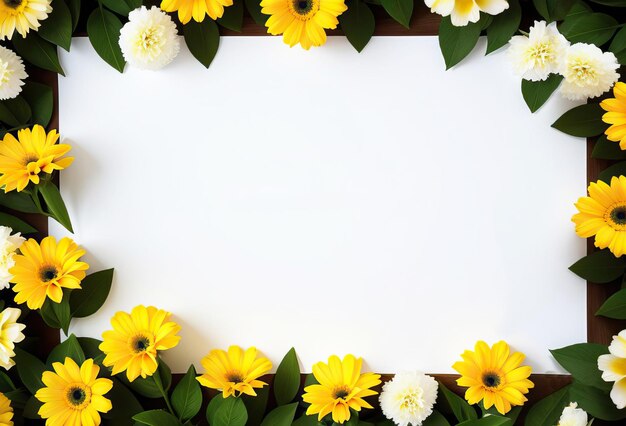 Rahmen mit gelben Frühlingsblumen und Gerberas am Rande eines weißen Hintergrunds