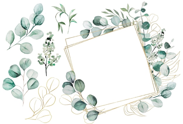Rahmen mit grünen und goldenen Aquarellen Eukalyptusblättern mit einzelnen Elementen isolierte Illustration