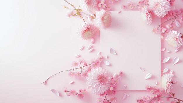 Rahmen mit Kirschblütenblättern und rosa Chrysanthemen auf einem pastellrosa Hintergrund Blume