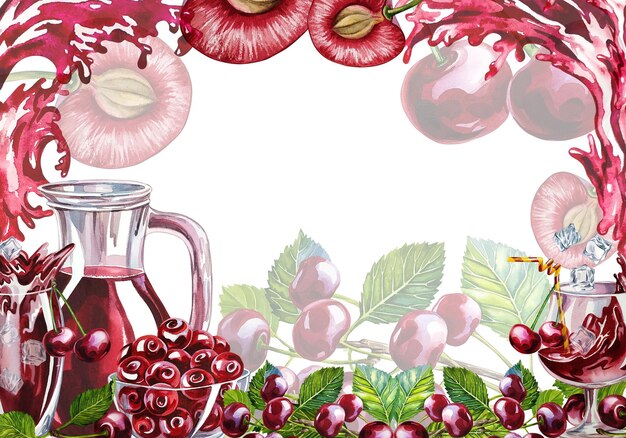 Rahmen mit Kirschsaft in einem Glas und Dekanter Handgezeichnete Aquarellillustration