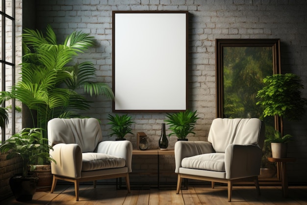 Rahmen mit leerem Poster-Mockup in einem Zimmer im modernen Loft-Stil in grauen Farben mit Sofa-Tischstühlen und grünen Pflanzen