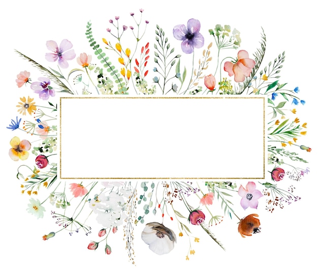 Rahmen mit wilden Blumen und Blättern des Aquarells Sommerhochzeit und Grußillustration