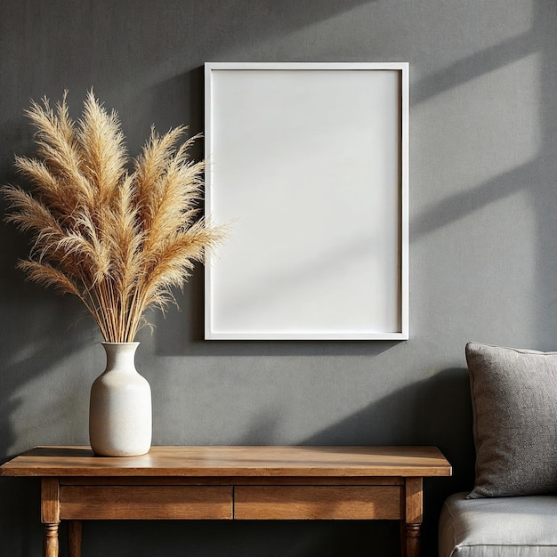 Rahmen-Mockup ISO A-Papiergröße Wohnzimmer-Wandplakatmockup Innenraummockup mit Haus-Hintergrund