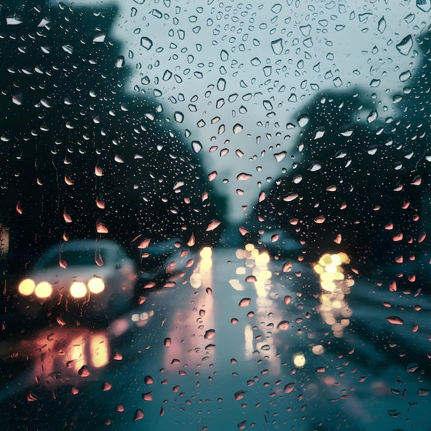 Rahmen Regentropfen auf Glas mit Autolicht Bokeh Hintergrund regnerische Atmosphäre Für Social Media Post Siz