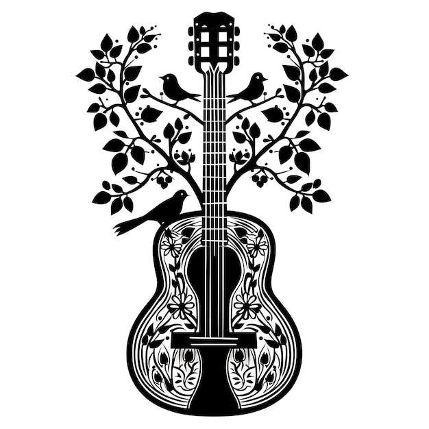 Rahmen von Gitarren CNC-Kunst mit Baum und Vogel Designs Kleiner Baum und Bi CNC Die Cut Umriss Tattoo