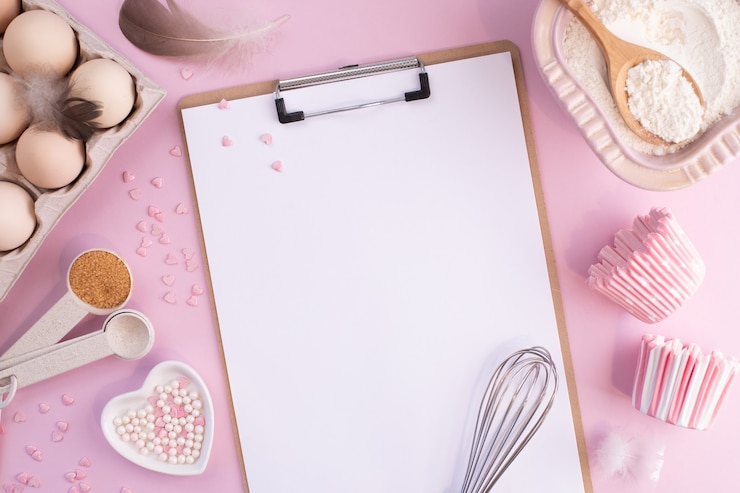 Foto rahmen von lebensmittelzutaten zum backen auf einem sanft rosa pastellhintergrund. koch flach lag mit kopierraum. draufsicht. backkonzept. flach liegen