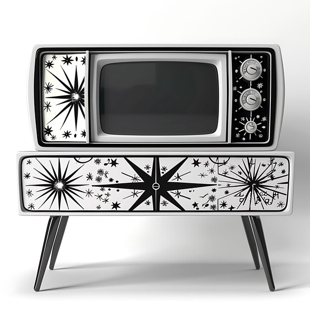 Rahmen von Mid Century Modern Style Tv Stand Volkskunst mit Atom Design CNC Die Cut Tätowierung Design Art