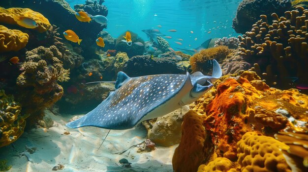 raias debaixo d'água no recife de coral