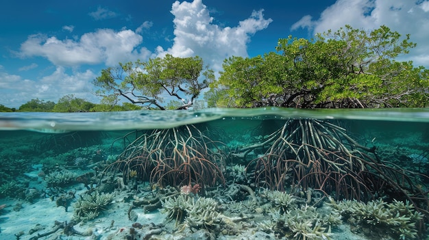 Foto raíces aéreas de manglares que se extienden hasta el agua que ilustran la adaptación de los árboles para prosperar en entornos costeros salobres