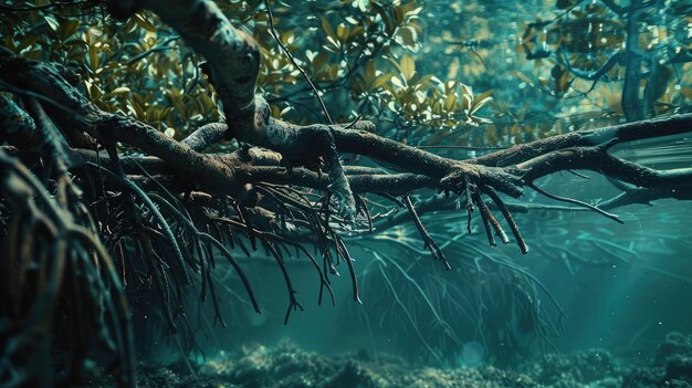 Foto raíces aéreas de manglares que se extienden hasta el agua que ilustran la adaptación de los árboles para prosperar en entornos costeros salobres
