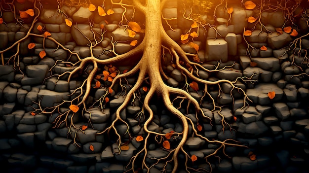 Las raíces de los árboles en el suelo cierran la ilustración generativa de AI de textura subterránea