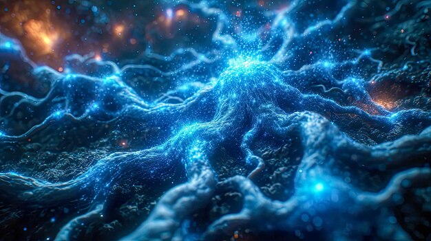 Raíces de energía azul impregnadas de energía Ilustración de fondo abstracto de un árbol en la oscuridad