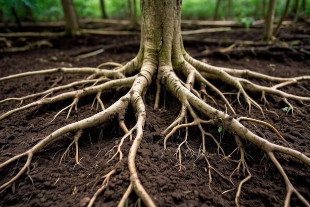 Raíces expansivas de los árboles en el suelo rico del bosque